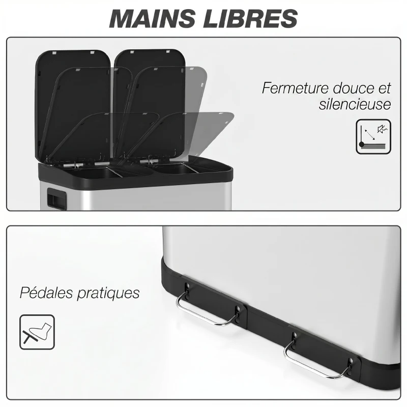 HOMCOM Poubelle de cuisine à double compartiment 2 x 30L avec pédale en acier inoxydable, couvercle à fermeture douce, argent