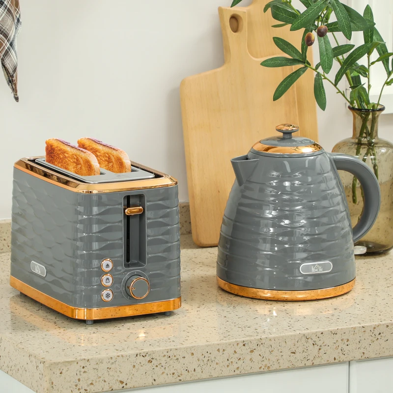 HOMCOM 3000W 1.7L Rapid Boil Kettle & 2 Slice Toaster, Kettle and Toaster Set with 7 Browning Controls and Crumb Tray, Grey