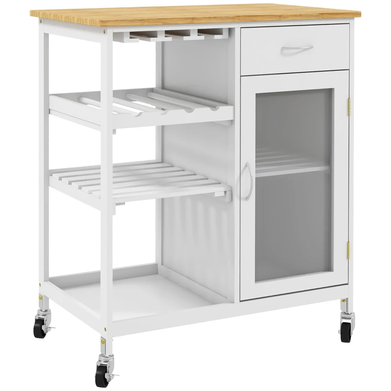 HOMCOM Chariot de service desserte de cuisine à roulettes multi-rangements placard à porte casier à vin étagères tiroir blanc