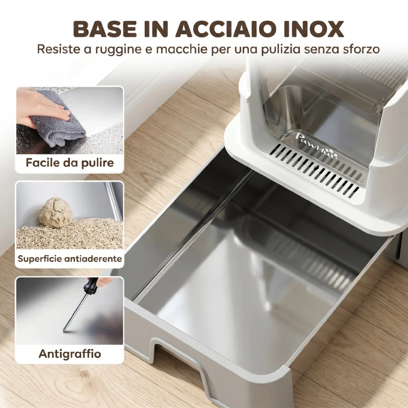 PawHut Lettiera per Gatti Chiusa  3 in 1 da 68L con Coperchio e Vassoio Estraibile in Acciaio Inox, Paletta, Grigio