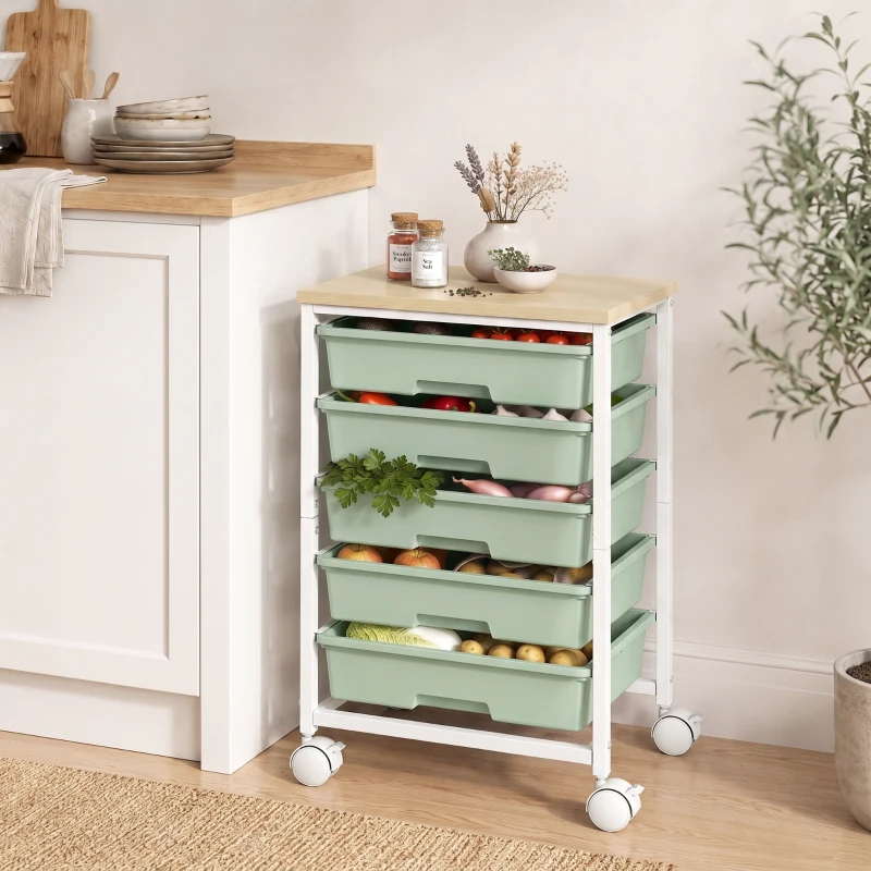 HOMCOM 6-Tier Storage Trolley on Wheels, Metal Kitchen Rolling Cart with 5 Pull-Out Drawers, Green