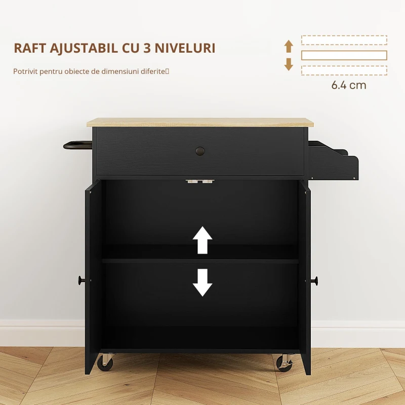 HOMCOM Insulă de Bucătărie cu Ala Rabatabilă 2 Uși Sertar Suport pentru Condimente Bară de Agățat Șervețel și Raft Reglabil 106x42x87 cm Negru și Stejar