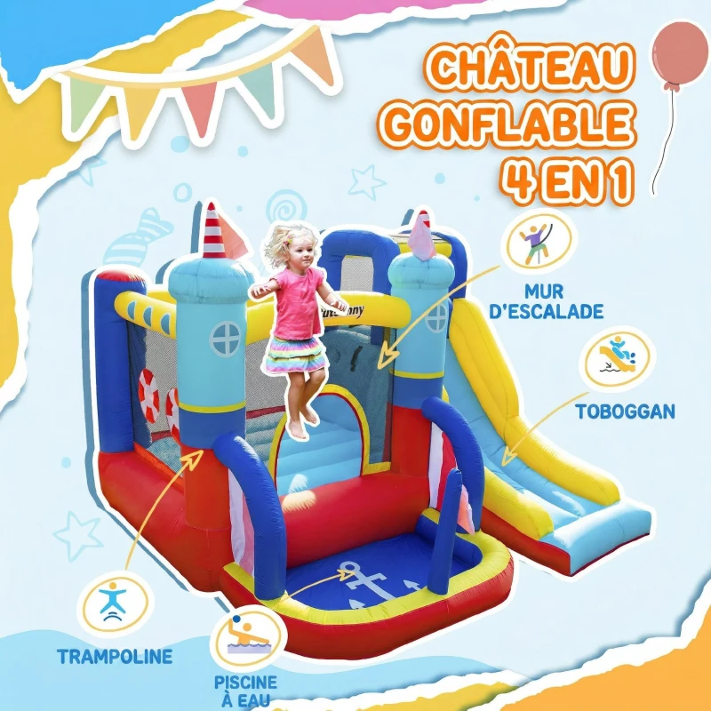 Outsunny Château Gonflable avec Toboggan Trampoline Piscine et Mur d'escalade jusqu'à 3 enfants +3 Ans avec souffleur 450W et Sac de Transport 265 x 260 x 200 cm Multicolore