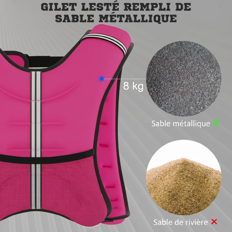 HOMCOM Gilet Lesté de 8 kg, Veste Lestée, pour Homme et Femme, avec Poche de Rangement, Tissu Oxford, Sable Métallique, Rose