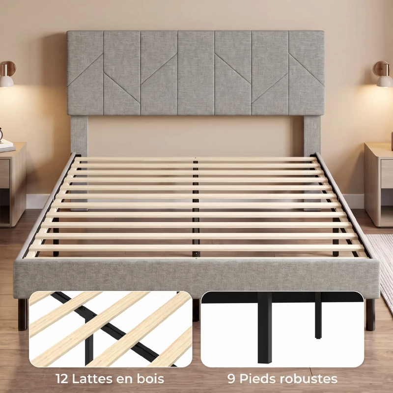 HOMCOM Cadre de Lit 140 x 190 cm avec Sommier et Tête Réglable, Lit Double Rembourré en Lin, Rangement au-dessous, Gris