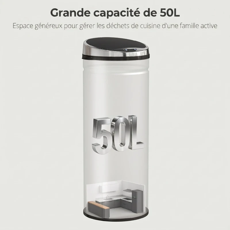 HOMCOM Poubelle à capteur de mouvement ouverture automatique 50 L en acier inoxydable noir et argent