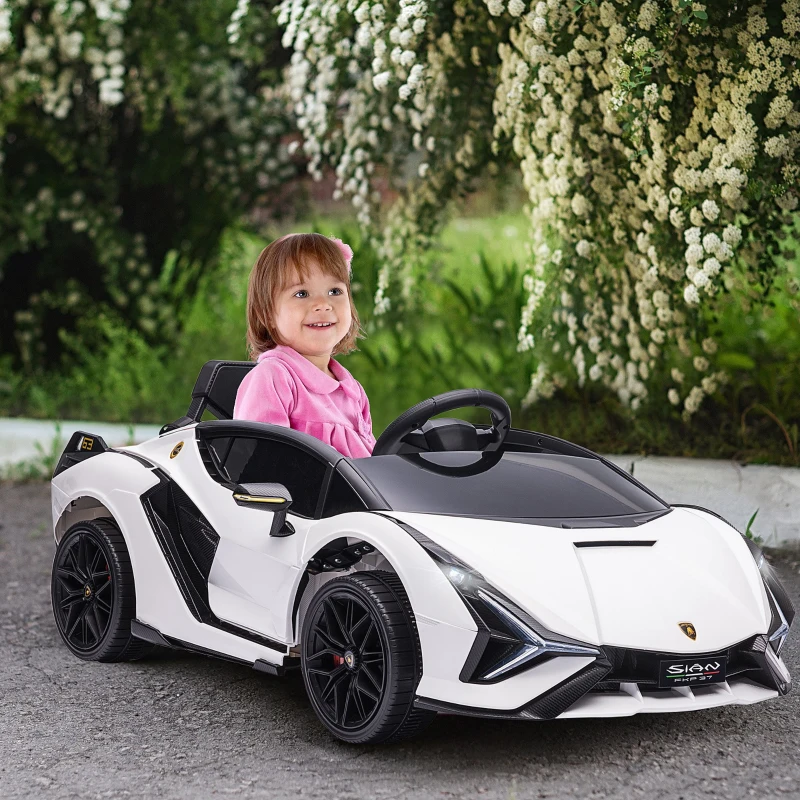 HOMCOM Coche Eléctrico Lamborghini SIAN 12V para Niños de +3 Años con Mando a Distancia Música MP3 USB 108x62x40 cm Blanco