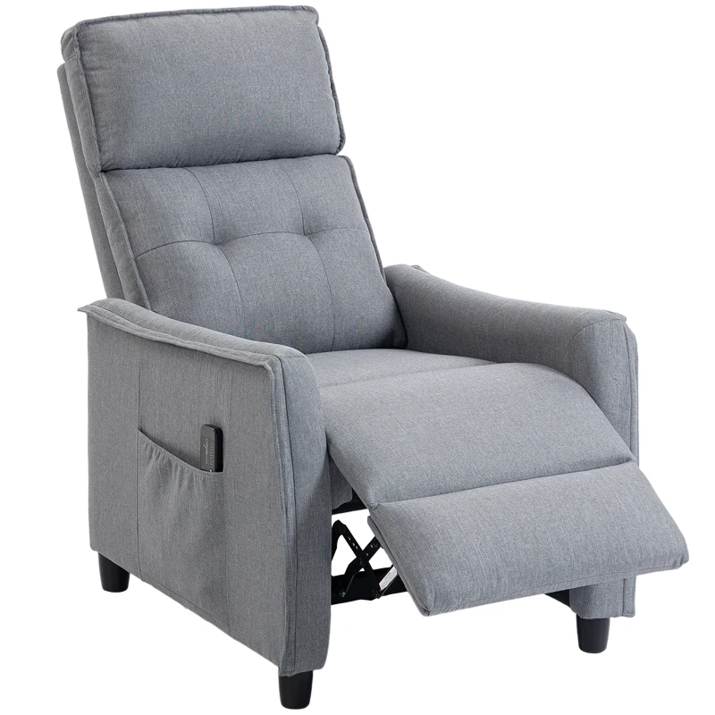 HOMCOM Poltrona Massaggiante e Reclinabile a 160° con Poggiapiedi e Telecomando, 69x93x104cm, Effetto Lino Grigio Chiaro