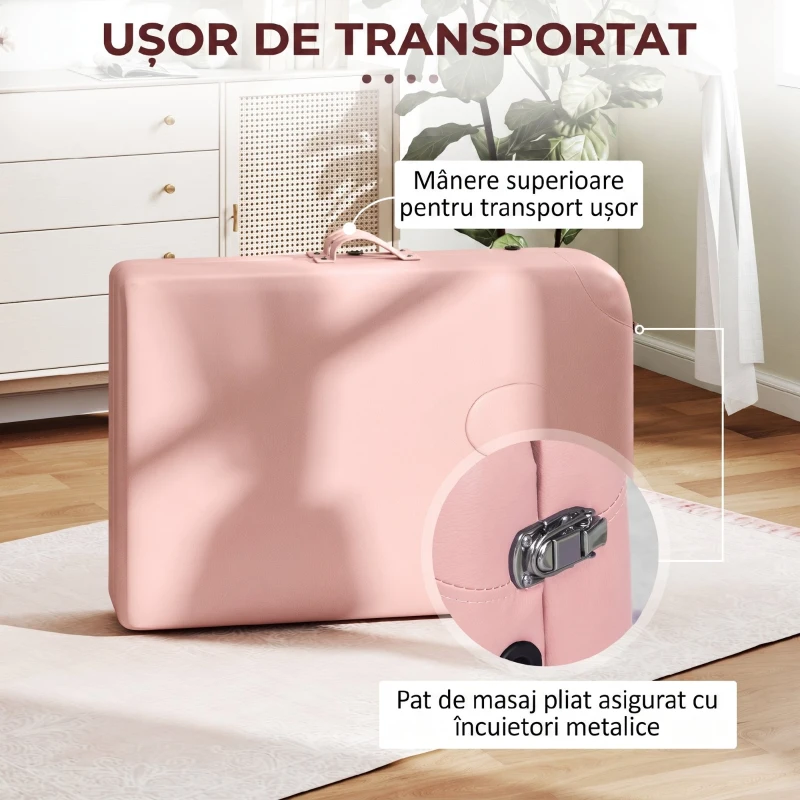 HOMCOM Pat de Masaj Pliabil cu Înălțime Reglabilă și Geantă de Transport, Structură din Lemn, Roz