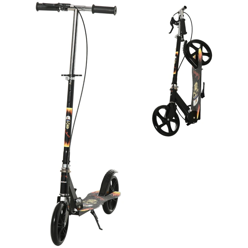 HOMCOM Kids Foldable Kick Scooter w/ Adjustable Height, Break, Big Wheels, for Ages 7-14 Years - Black