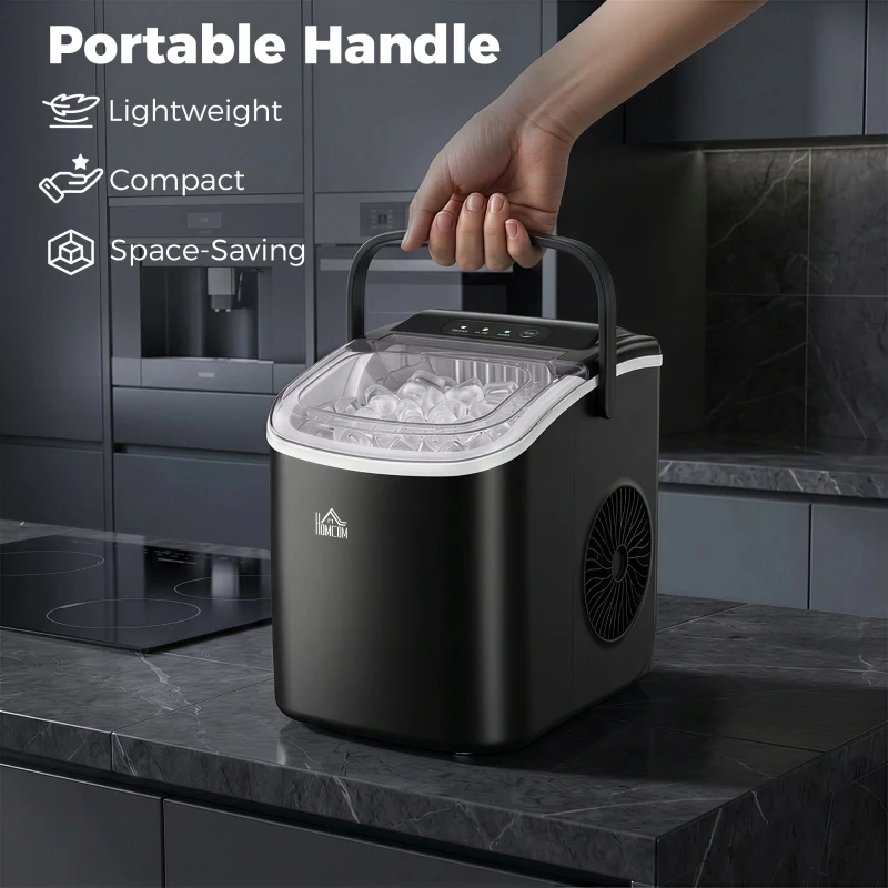 HOMCOM Ice Maker Machine Countertop, 12 KG in 24 H, 9 Cubes in 6 Mins, Portable Ice Cube Maker with Handle, Ice Scoop and Basket for Home Office Kitchen Bar Party RV, Black