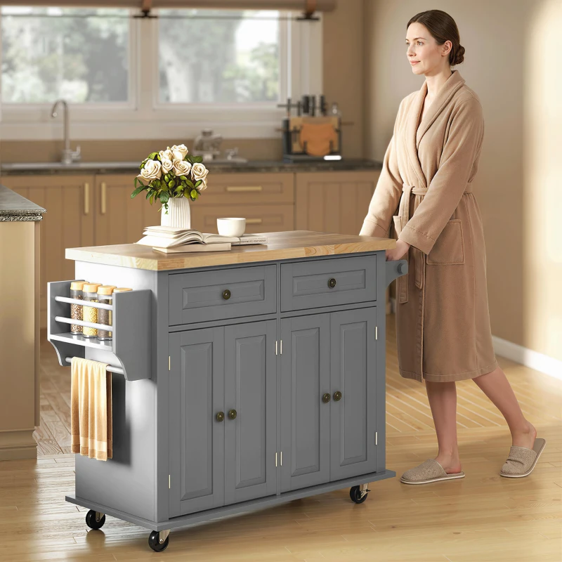 HOMCOM Ilha de Cozinha com Rodas 2 Gavetas 4 Portas Suporte para Temperos e Barra Lateral 111x44,5x82,5 cm Cinzento e Madeira