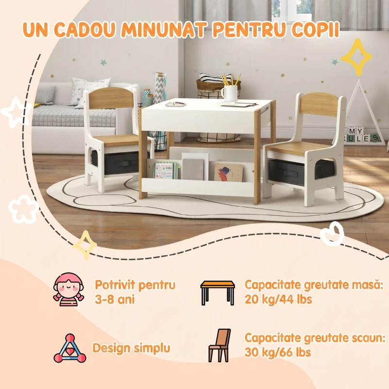 HOMCOM Set masă copii 3 în 1 cu 2 scaune, tablă detașabilă, bibliotecă și cutii textile, natur, 3-8 ani