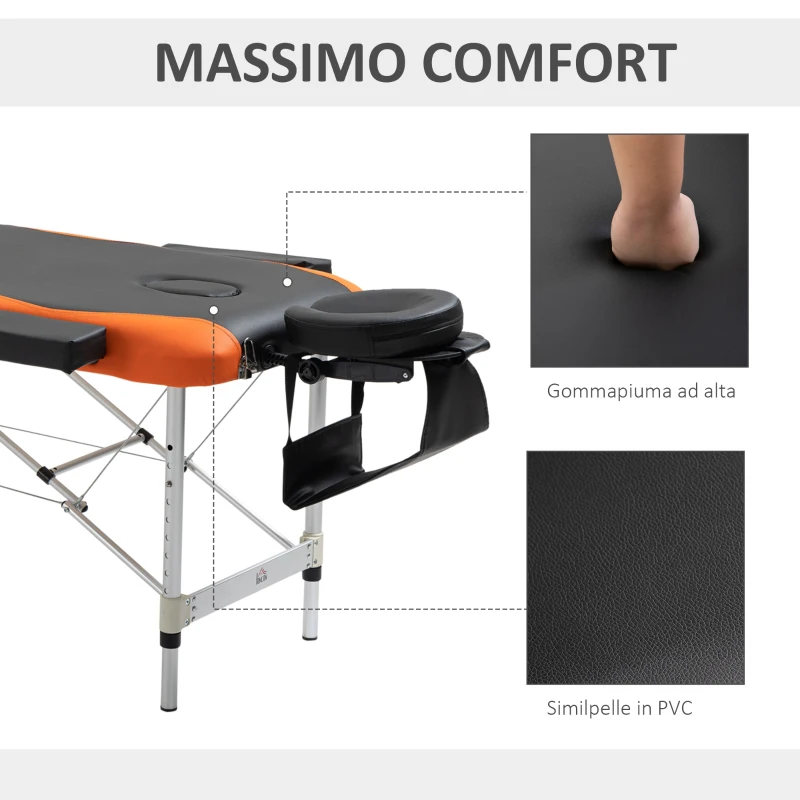 HOMCOM Lettino da Massaggio Pieghevole ad Altezza Regolabile, Lettino Professionale per Massaggi in Alluminio e Plastica, 215x81x61-84 cm, Nero e Arancione