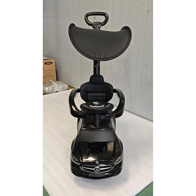 AIYAPLAY 3 in 1 Licensed Benz Ride on Push Car with Handle, Canopy, Guardrails, Horn, Music, Storage for 12-36 Months, Black