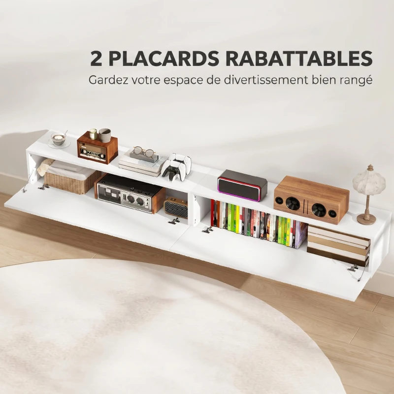 HOMCOM Meuble TV suspendu 180cm, meuble télé pour téléviseur 72 pouces, 2 portes rabattables, 180x25x22cm, blanc