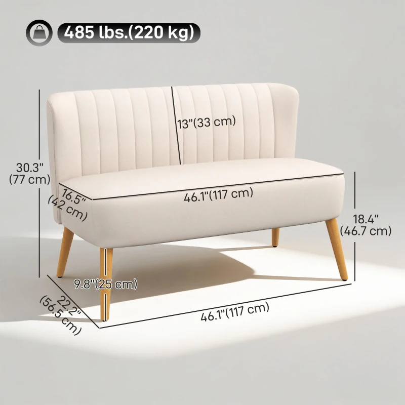 HOMCOM Canapea design retro 2 locuri, picioare din lemn, 117 cm x 56,5 cm x 77 cm, crem