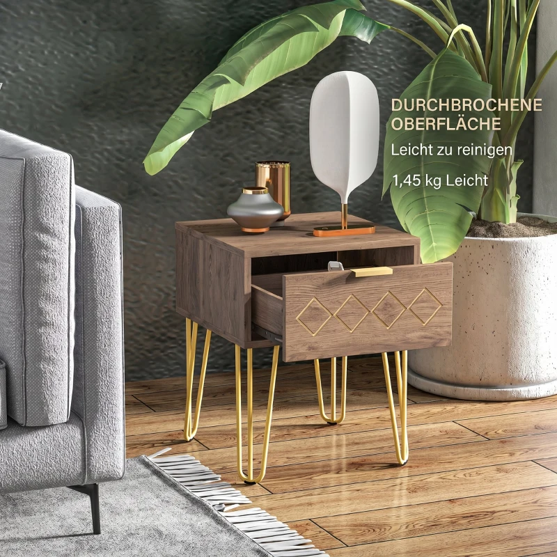 HOMCOM Noptiere Moderne Set 2 Piese din Plăci Aglomerate și Oțel cu Sertar, 39.5x41x49 cm, Maro