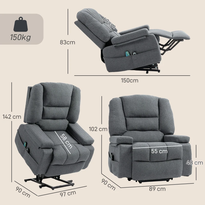 HOMCOM Fotoliu Reclinabil cu Funcție de Ridicare și 8 Puncte de Masaj, din Material Textil cu Efect de In, 97x90x102 cm, Gri