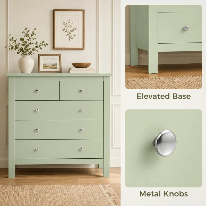 HOMCOM 5 Drawer Chest of Drawers, Modern Dresser for Bedroom, Bedside Storage Cabinet, Wide Storage Unit with Glide Runners for Living Room, Hallway, Closet, 79 x 39.5 x 80.5 cm, Sage Green