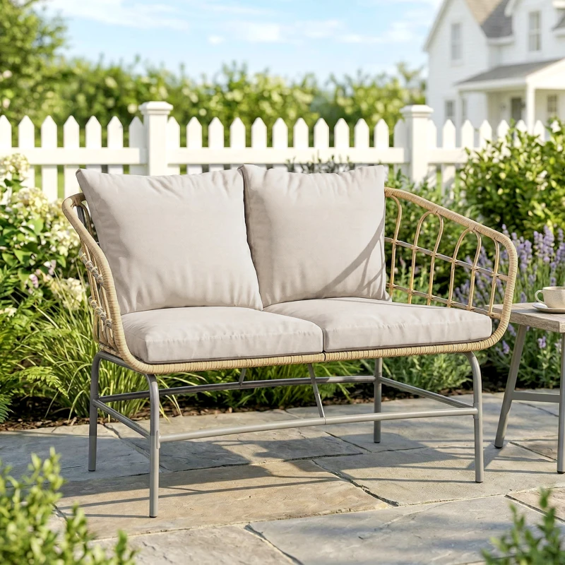 Outsunny Canapé de Jardin 2 Places en Résine Tressée Coussins Épais Anti-glisse 120 x 67 x 79 cm Marron