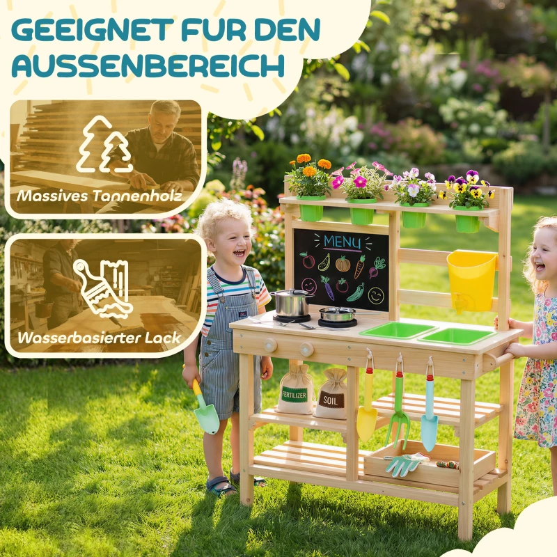AIYAPLAY Matschküche Kinder Outdoor, Spielküche aus Holz mit Spüle Herd Pflanztöpfen Tafel für 3-6 Jahre 77x32x95 cm Naturholz