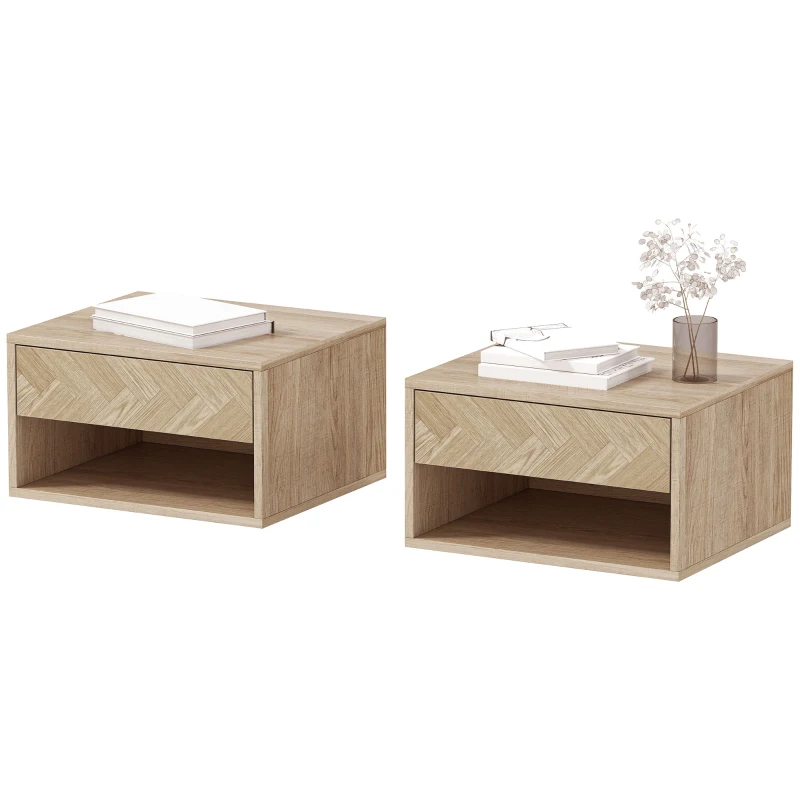 HOMCOM Set de 2 noptiere suspendate moderne cu sertar și spațiu deschis, 37x32x21 cm, lemn natural