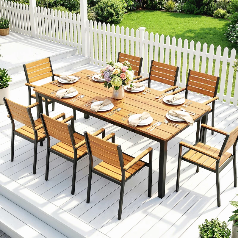 Outsunny Gartentisch 180 x 86 cm für 6-8 Personen Holztisch mit Lamellen-Tischplatte Stahlrahmen Teak