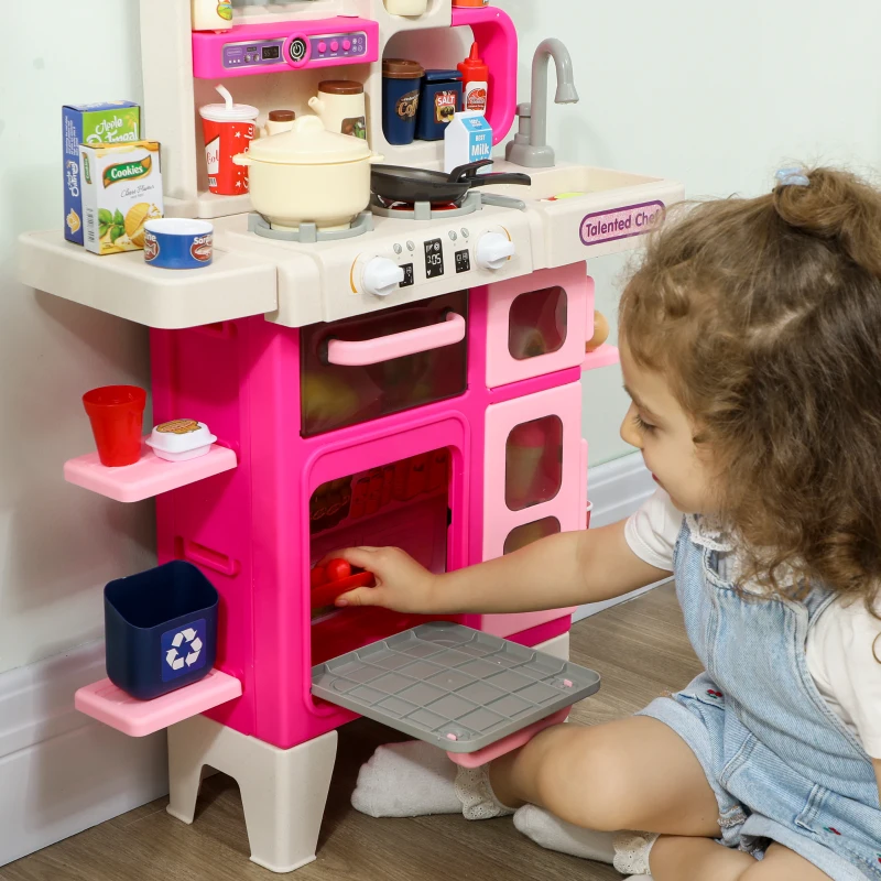 AIYAPLAY Cocina de Juguete con Luces Sonido Accesorios Fregadero Utensilios Alimentos Falsos para Niños a Partir de 3 Años Rosa