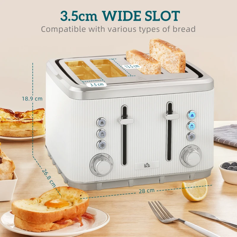 HOMCOM Electric Stainless Steel Kettle and Toaster Set, 3000W 1.7L UK Strix Thermostat Fast Boil Kettle w/ Limescale Filter, Cool Touch Body, 4 Slice Toaster with 7 Browning Levels, White