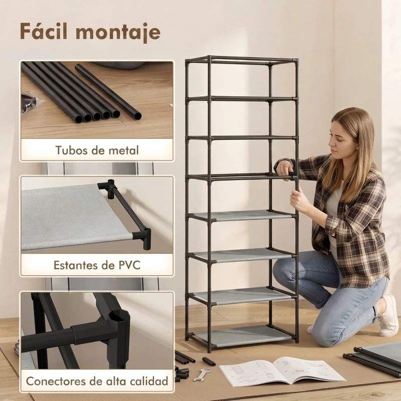 HOMCOM Zapatero de 7 Niveles, Zapatero Estrecho de Acero con Funda de Tela no Tejida 2 Bolsillos para 14-21 Pares Gris