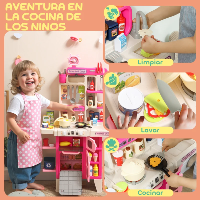 AIYAPLAY Cocina de Juguete con Luces Sonido Accesorios Fregadero Utensilios Alimentos Falsos para Niños a Partir de 3 Años Rosa