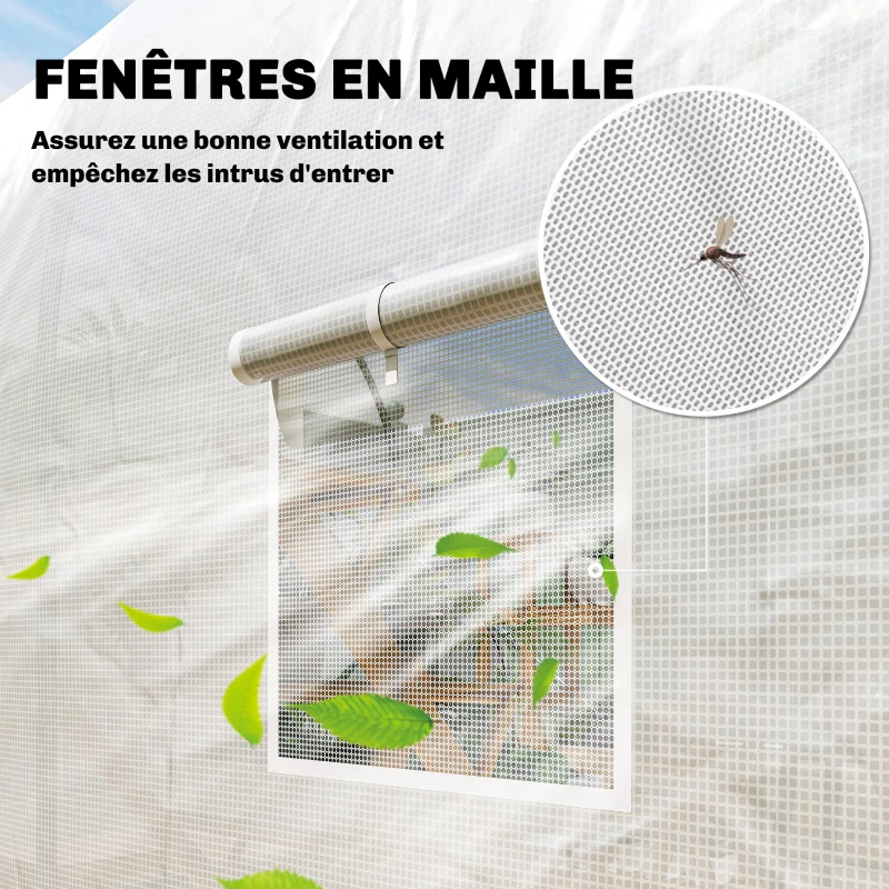 Outsunny Serre tunnel de jardin 7m², serre de jardin tunnel avec porte et 6 fenêtres, bâche PE 140 g/m² 350 x 200 x 200 cm blanc