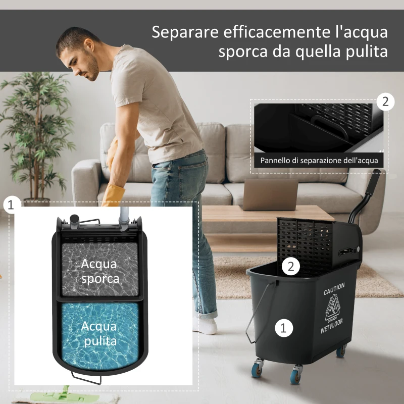 HOMCOM Carrello per Pulizie in Plastica PP da 20L con Secchio e Strizzatore, 60x27x70.5 cm, Nero