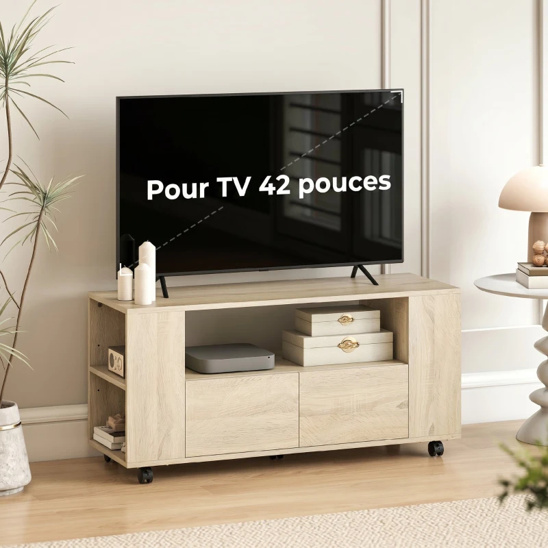 HOMCOM Meuble TV sur roulettes 102 cm, meuble télé pour téléviseur jusqu'à 42 pouces, 2 tiroirs, compartiments ouverts, naturel(m-7)