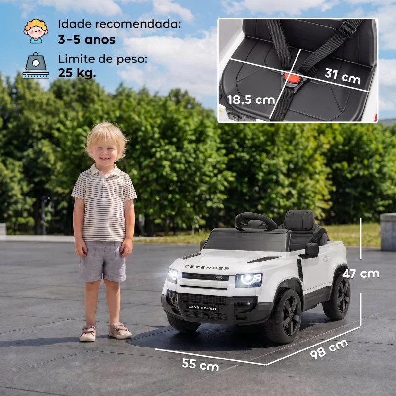 AIYAPLAY Carro Elétrico SUV Land Rover Defender 12 V para Crianças com Comando, Suspensão e Arranque Suave, Branco
