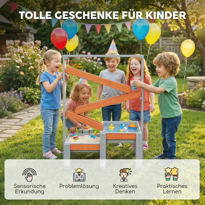 AIYAPLAY Sand Wasserspieltisch, Holz Wassertisch, Matschtisch mit Wasserbahn, 2 Becken Sandkastentisch für 3-8 Jahre Kinder Grau