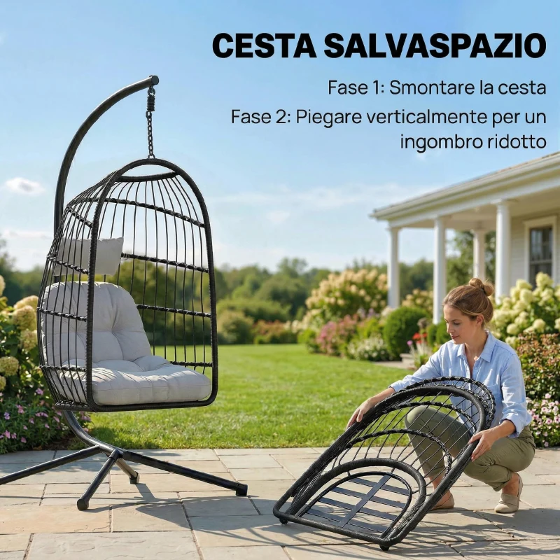 Outsunny Sedia a Uovo Sospesa con Supporto e Cinghia di Sicurezza, 105x101x196 cm, Nero e Grigio Chiaro