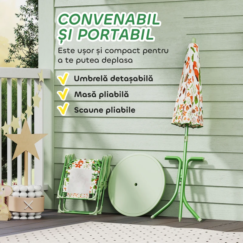 AIYAPLAY Set de Grădină pentru Copii 2-5 Ani cu Măsuță Rotundă, 2 Scaune Pliabile și o Umbrelă, Verde