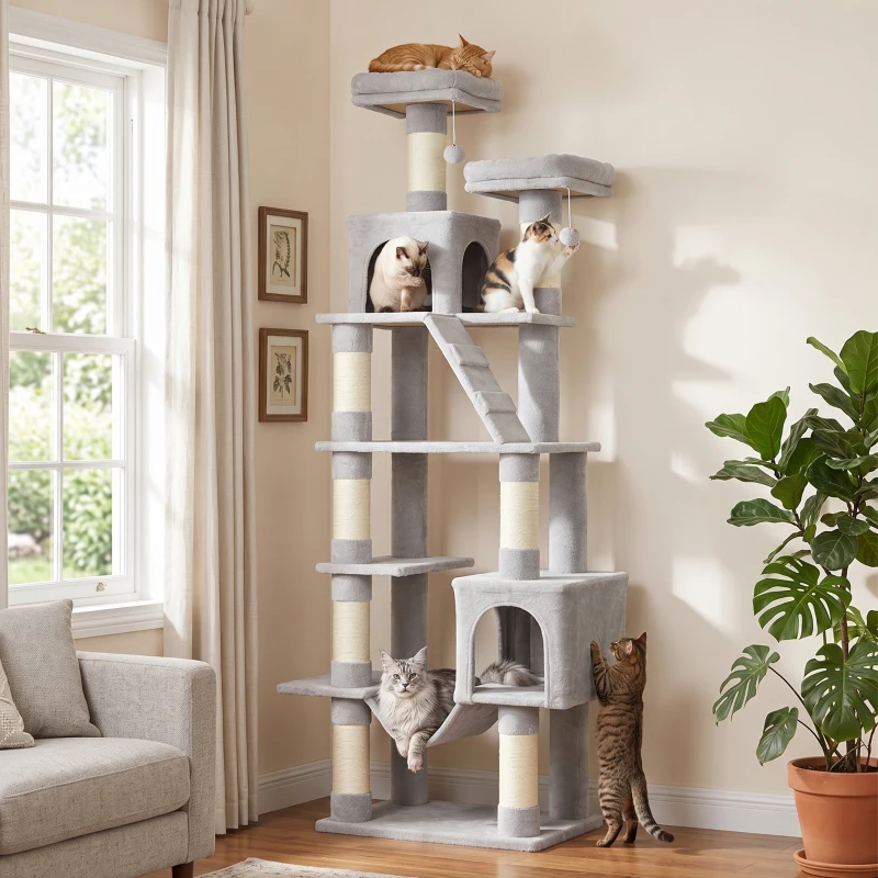 PawHut Arranhador para Gatos 204 cm Multinível com 2 Tocas Rede 2 Camas Postes de Sisal e Escada Cinza Claro