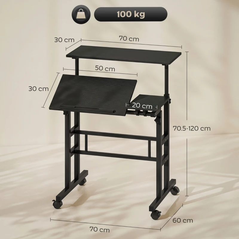 HOMCOM Birou șezut-în-picioare birou reglabil pe înălțime 70 x 60 cm pe roți cu blat înclinat cadru metalic negru