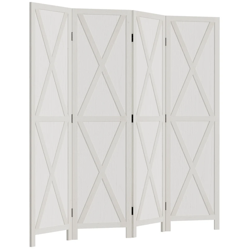 HOMCOM Biombo de 4 Paineis Separador de Ambientes Dobrável 182x170cm Divisória para Espaços de Madeira Decoração Elegante para Dormitório Sala de Estar Branco