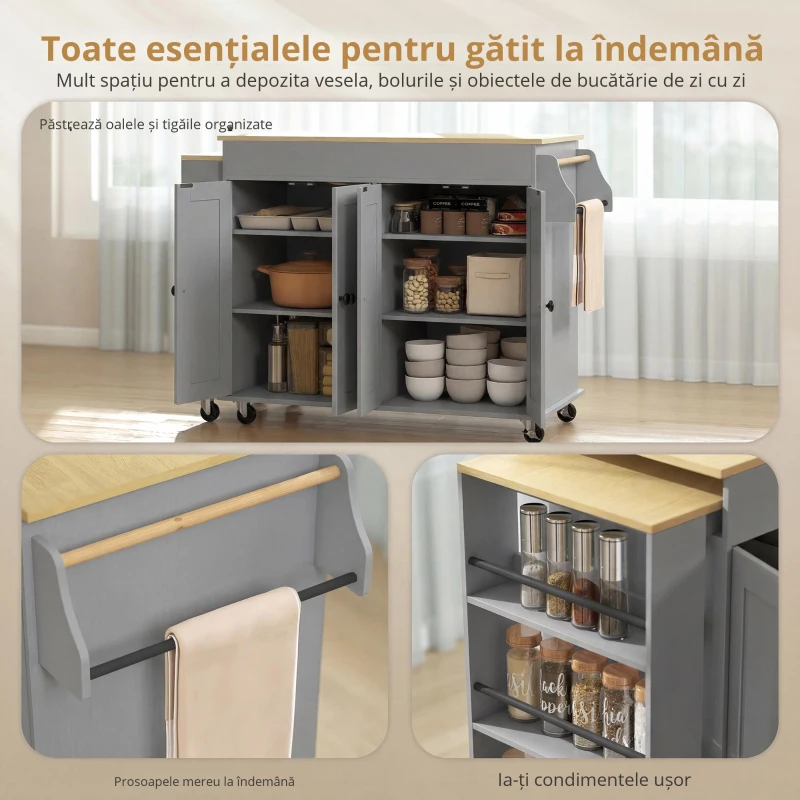 HOMCOM Insulă de Bucătărie pe Roți Blat Extensibil 4 Uși Rafturi Reglabile Suport pentru Condimente și Prosoape Gri