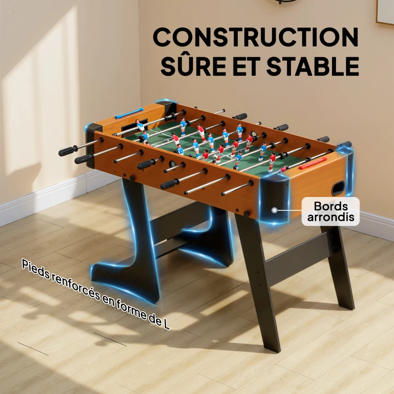 SPORTNOW Baby-foot pliable en bois table de babyfoot pliable sur pied avec 2 balles 22 joueurs, 118 x 107,5 x 78 cm, marron