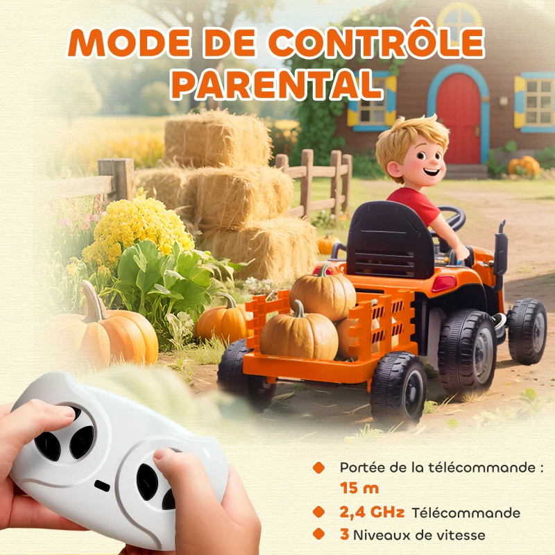 AIYAPLAY Tracteur électrique enfants avec remorque amovible, voiture électrique enfants, télécommande 2,4G, 139x58x55cm, orange