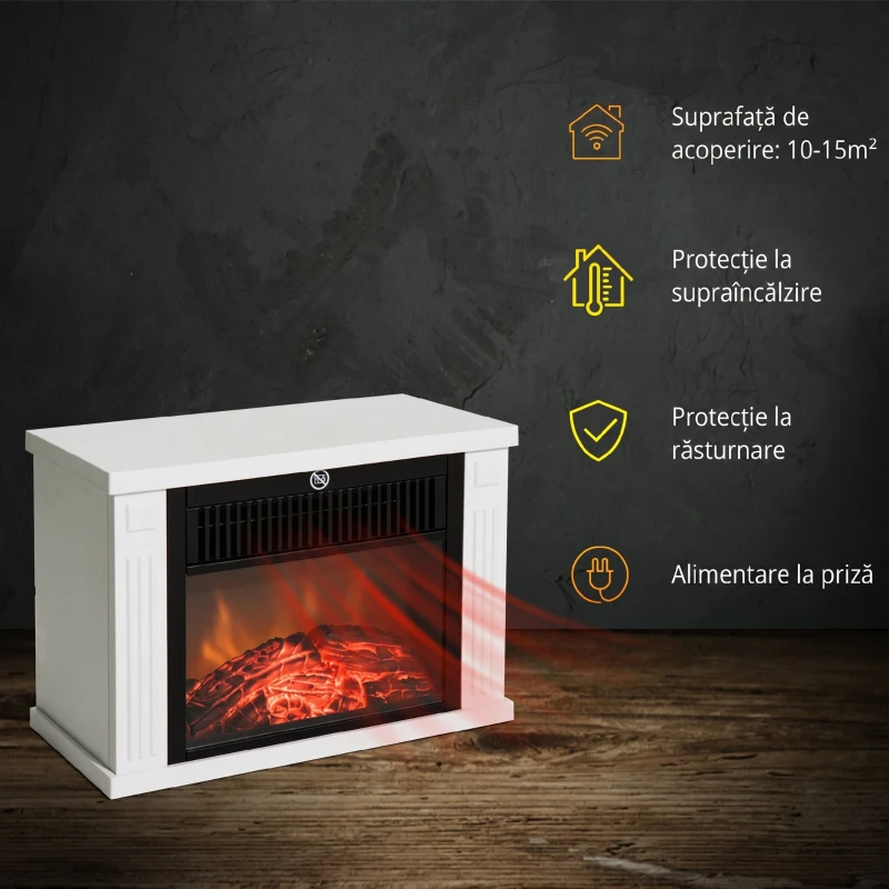 HOMCOM Șemineu Electric de Podea cu Efect de Flacără, Putere Reglabilă 600/1200W, Acoperire 10-15m², Alb