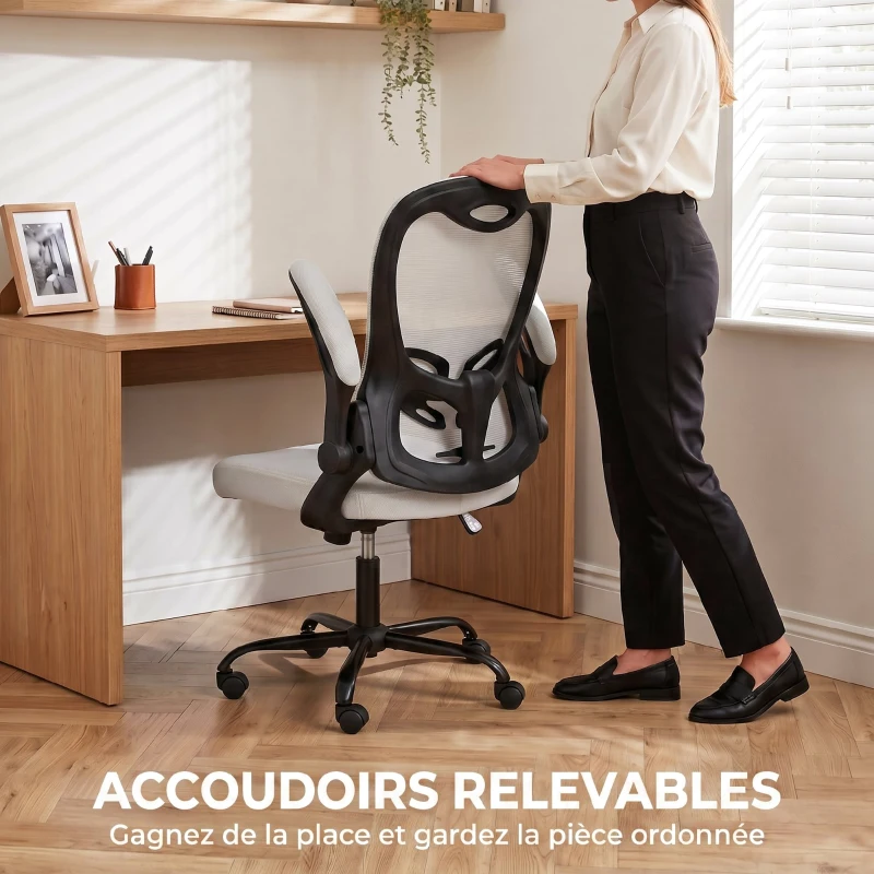 HOMCOM Chaise Bureau Ergonomique, Fauteuil de Bureau Maille, Accoudoirs Relevables, Hauteur Réglable, Fonction Bascule, Gris