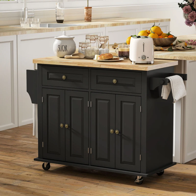 HOMCOM Ilha de Cozinha com Rodas 2 Gavetas 4 Portas Suporte para Temperos e Barra Lateral 111x44,5x82,5 cm Preto e Madeira