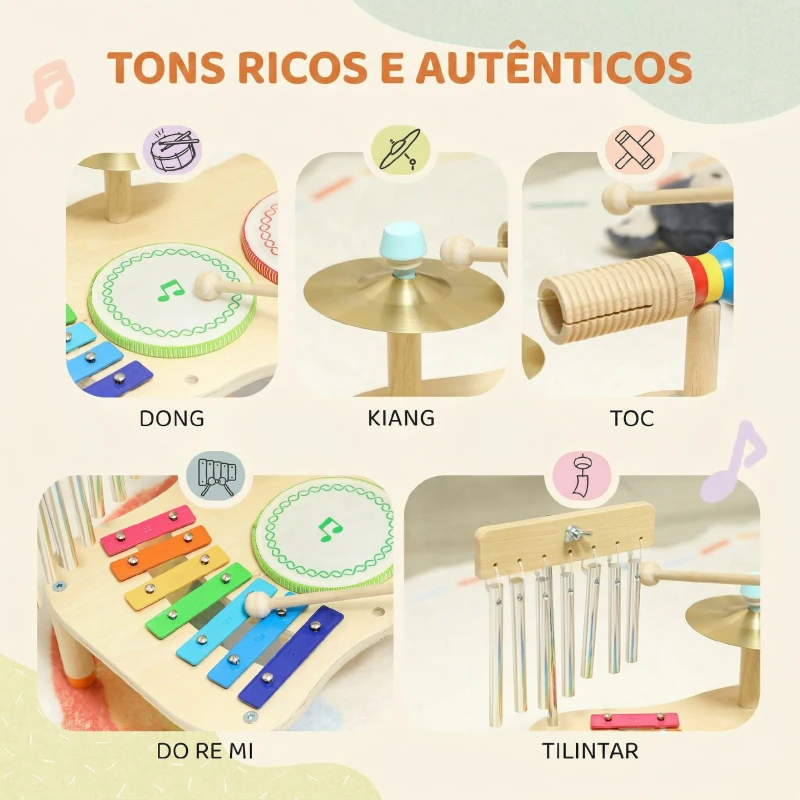 AIYAPLAY Instrumentos Musicais Infantis de Madeira Montessori com Tambor Xilofone Duplo Som Prato Sino de Vento