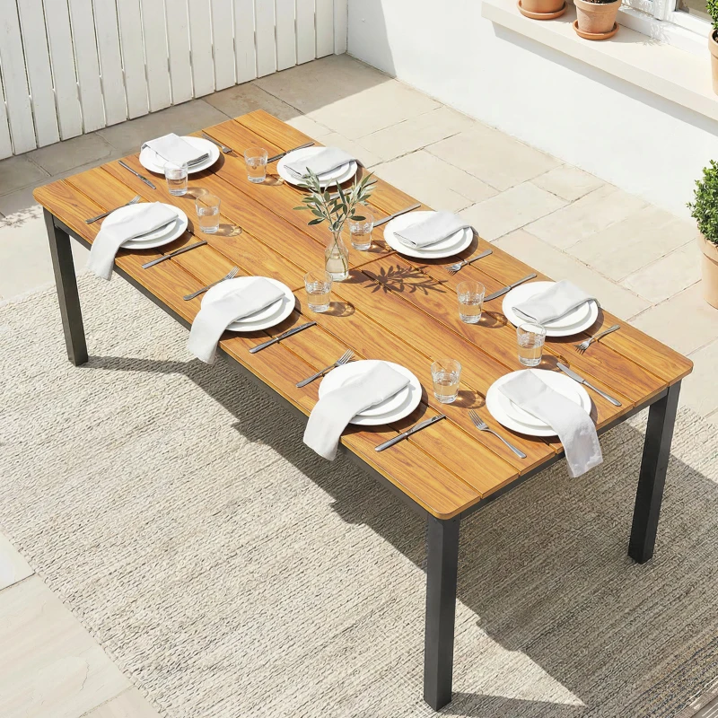 Outsunny Gartentisch 180 x 86 cm für 6-8 Personen Holztisch mit Lamellen-Tischplatte Stahlrahmen Teak